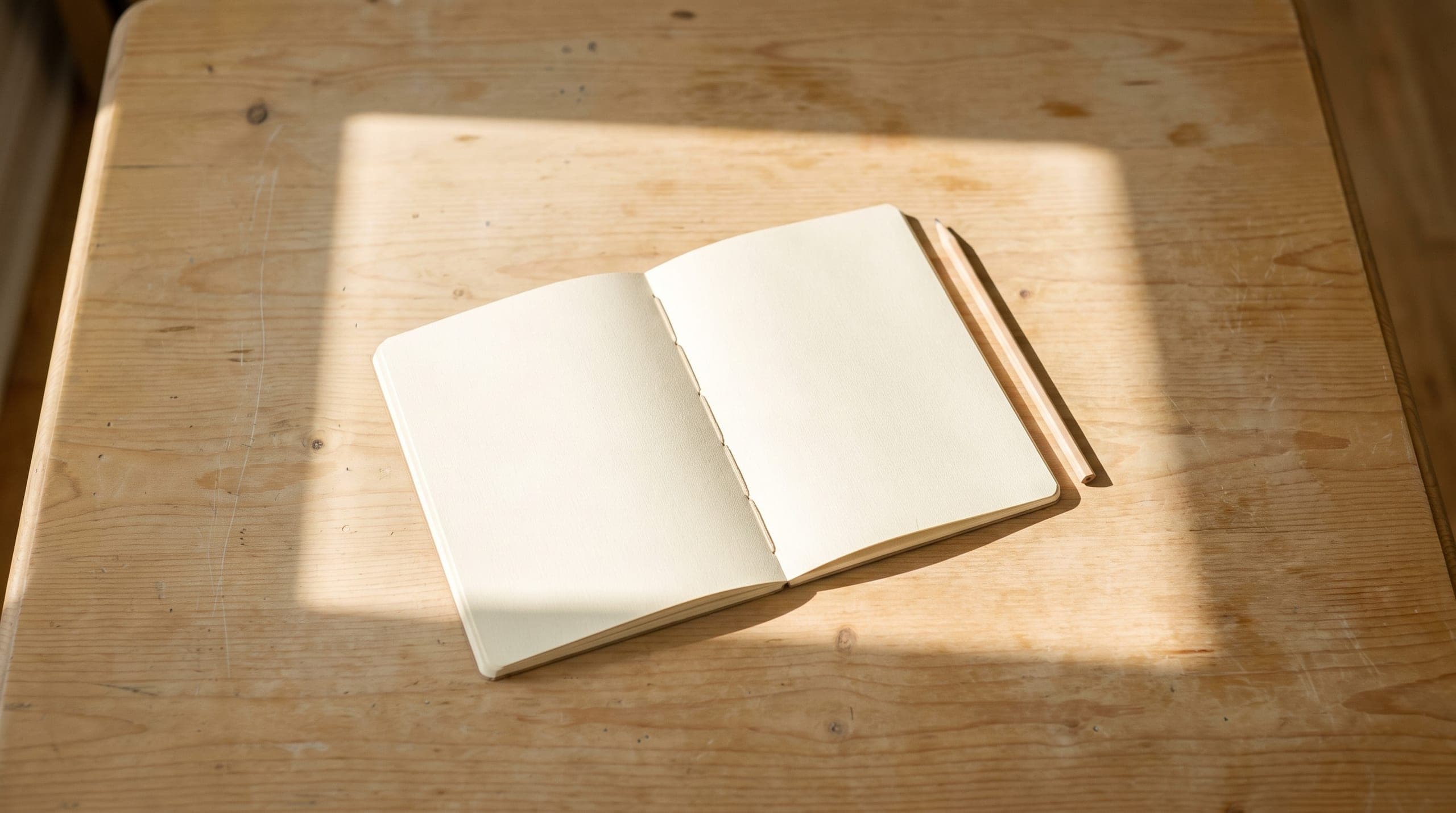 An overhead view of a pale wooden table with an open, blank notebook in daylight.